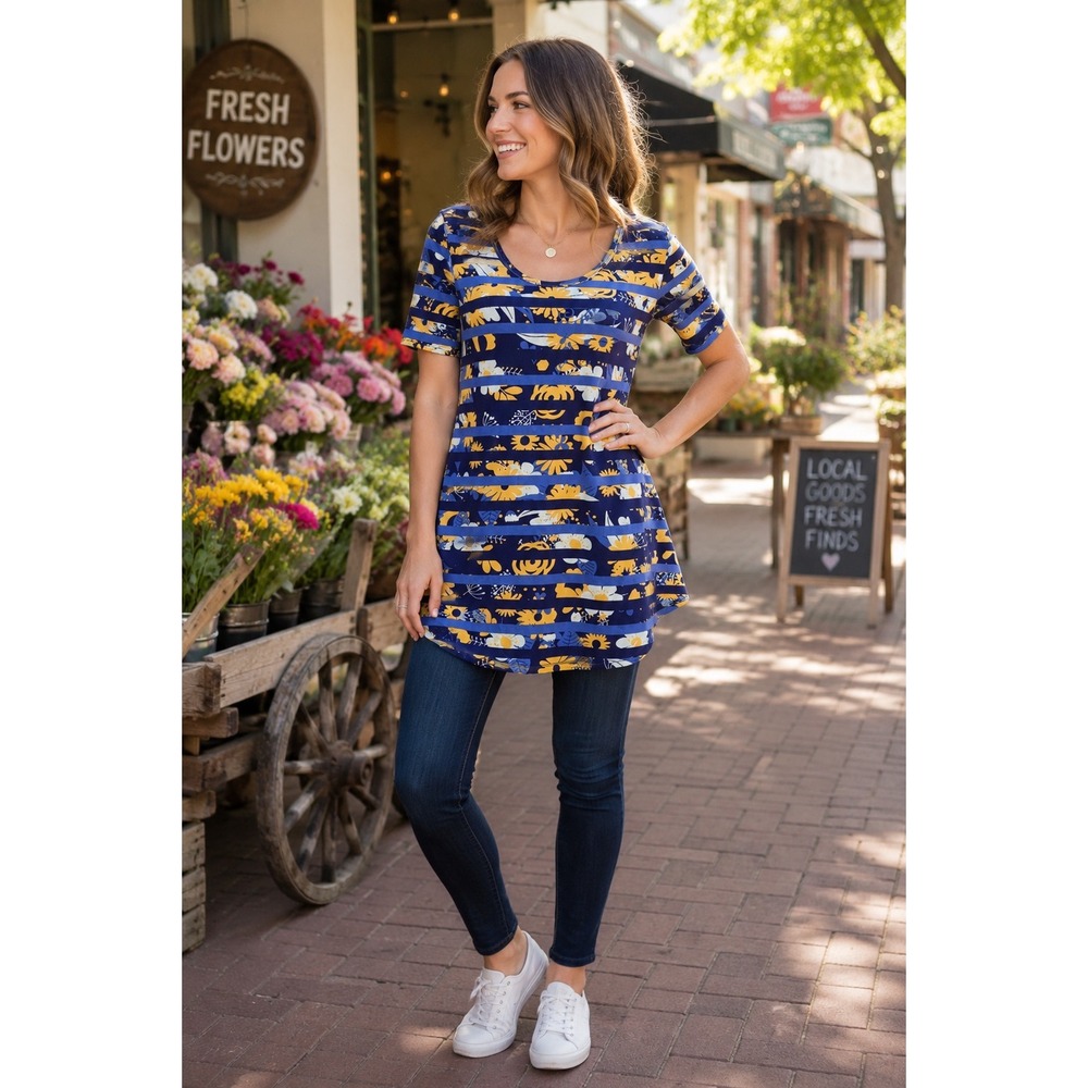 LuLaRoe Womens Perfect T Size XXS Blue Navy Yellow Cream‎ Floral Stripe Top NEW